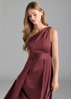 Azazie Dallas Bridesmaid Dresses Merlot A-Line One Shoulder Stretch Satin Dress image6