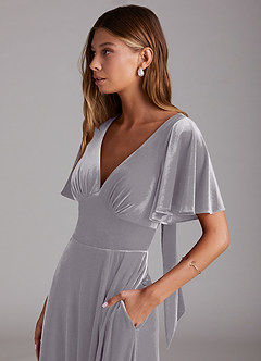 Azazie Kimber Bridesmaid Dresses French Lilac A-Line with Pockets Velvet Dress image6