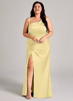 Azazie Madelyn Bridesmaid Dresses Lemon Sorbet Mermaid One Shoulder Stretch Satin Convertible Dress image15