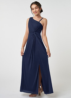 Azazie Brooke Junior Dark Navy A-Line Pleated Mesh Dress image3