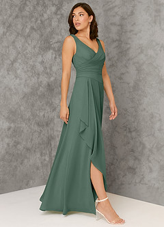 Azazie Kori Vestidos de damas de honor Vestido de Musgo Marino de Gasa de Corte en A con Plisado image3