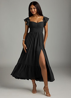 Azazie Anaya Robes de demoiselle d'honneur Robe Trapèze en Mousseline de soie Plissée Noir image1