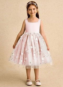 Azazie Bean vestidos de niña de las flores Vestido de Rosa Rubor de Tul de Corte Princesa con Lazo image1