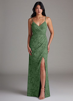 Azazie Maci Bridesmaid Dresses Eucalyptus Sheath Pleated Floral Burnout Dress image1