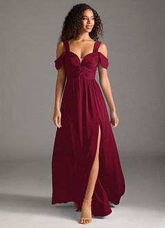 Azazie Lianne Robes de demoiselle d'honneur Robe Trapèze en Satin extensible Épaule décolletée Bourgogne image2