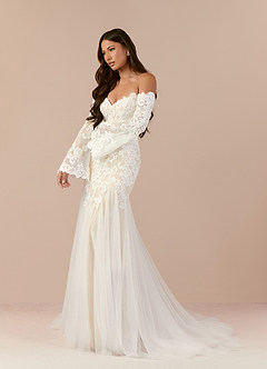 Azazie Arlette Wedding Dresses Diamond White Champagne Mermaid Sweetheart Sequins Tulle Dress image2