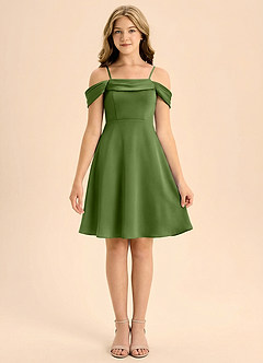 Azazie Anselie Junior Jurk van Stretch Satijn met A-Lijn Geplooid Jeneverbes image3