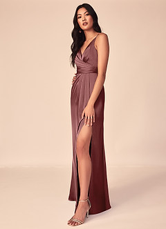 Azazie Aqua Bridesmaid Dresses Amethyst A-Line V-Neck Pleated Stretch Satin Dress image4