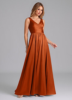Azazie Keyla Bridesmaid Dresses Burnt Orange A-Line Pleated Stretch Satin Dress image6