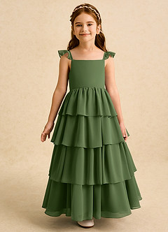 Azazie Boba vestidos de niña de las flores Vestido de Oliva de Gasa de Corte En A con Escote Cuadrado image5