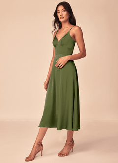 Azazie Dottie Robes de demoiselle d'honneur Robe Trapèze en Satin extensible Olive image4