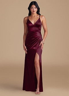 Azazie Shania Bridesmaid Dresses Cabernet Sheath Pleated Metallic Satin Dress image1