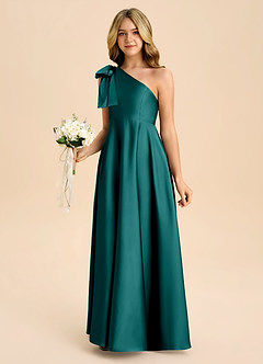 Azazie Penguin Junior Abito A-Line in Raso Elasticizzato Fiocco Verde Pavone image5