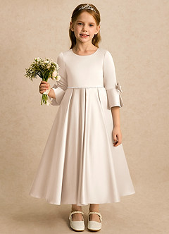 Azazie Eliza vestidos de niña de las flores Vestido Alabastro Blanco de Satin Mate de Línea A con Plisado image4