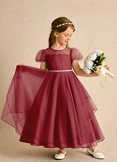 Azazie Duckie Abiti da Ragazza di Fiori Abito Principessa in Tulle Plissettato Melograno image3