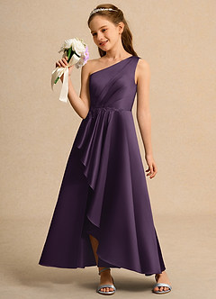 Azazie Taffy Junior Formal vestidos de niña de las flores Vestido de Ciruela de Satin Mate de Corte En A con Encaje image3