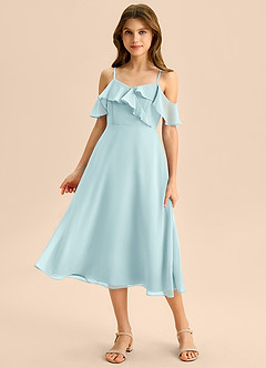 Azazie Kamilla Junior A라인 오프 더 숄더 쉬폰 티 길이 주니어 신부 들러리 드레스 image5