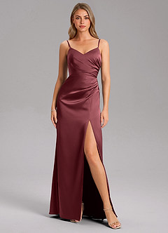 Azazie Azuree Bridesmaid Dresses Merlot A-Line Pleated Stretch Satin Dress image6