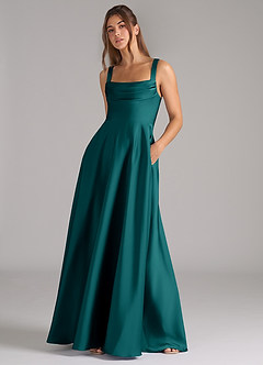 Azazie Shaude Robes de demoiselle d'honneur Robe Trapèze en Satin extensible Plissée Paon image4
