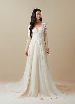 Azazie Essy Wedding Dresses Diamond White Champagne A-Line V-Neck Sequins Tulle Dress image1
