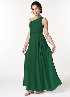 Azazie Cleo Junior Vestido de Verde Oscuro de Gasa de Corte En A con Plisado image1