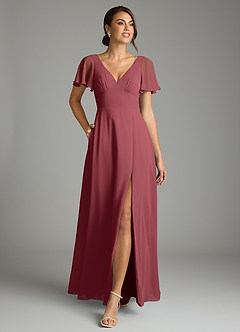 Azazie Kimber Bridesmaid Dresses Merlot A-Line Flounce Sleeve Chiffon Dress image4