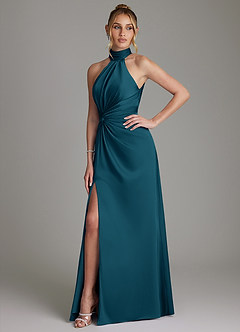 Azazie Gracelynn Bridesmaid Dresses Ink Blue Sheath Pleated Stretch Satin Dress image6