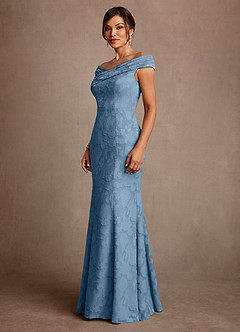 Azazie Aberdeen Mother of the Bride Dresses Steel Blue Sheath Pleated Floral Burnout Dress image4