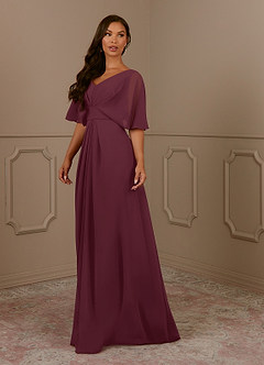 Azazie Oksana Cabernet A-Line V-Neck Pleated Chiffon Dress