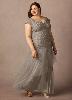 Azazie Romy Mother of the Bride Dresses Taupe Mermaid V-Neck Sequins Tulle Dress image10