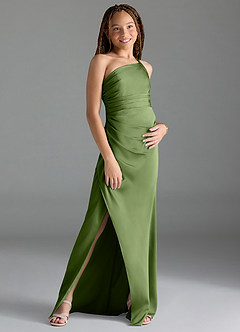 Azazie Eren Junior Juniper Sheath Pleated Stretch Satin Dress image3