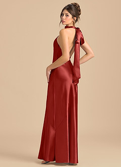 Azazie Velli 신부 들러리 드레스 쉬스 하이넥 메탈릭 새틴 바닥 길이 드레스 image1