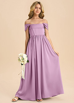 Azazie Hattie Junior Abito A-Line in Raso Elasticizzato Plissettato Glicine image3