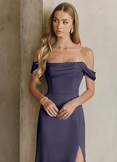 Azazie Saige Bridesmaid Dresses Stormy Sheath Off the Shoulder Stretch Satin Dress image2