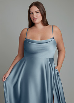 Azazie Elle Bridesmaid Dresses Dusty Blue A-Line Pleated Stretch Satin Dress image10