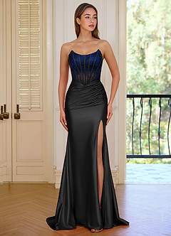 Valeria Black Strapless Satin Mermaid Rhinestones Corset Prom Dress image1