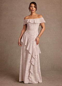 Azazie Marina Mother of the Bride Dresses Blushing Pink A-Line Off the Shoulder Floral Burnout Dress image1