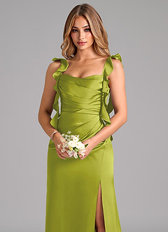 Azazie Jessamine Bridesmaid Dresses Lemongrass Sheath Corset Stretch Satin Dress image7