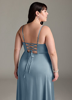 Azazie Marchella Bridesmaid Dresses Dusty Blue A-Line Corset Stretch Satin Dress image12