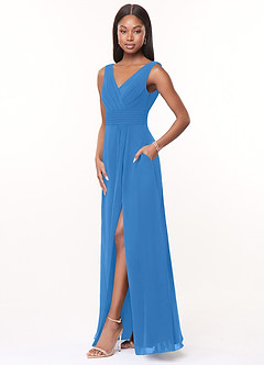 Azazie Karina Bridesmaid Dresses Blue Jay A-Line Pleated Chiffon Dress image3