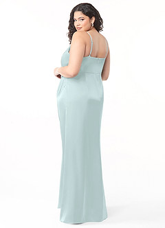 Azazie Maci Bridesmaid Dresses Sea Glass A-Line V-Neck Pleated Stretch Satin Dress image15