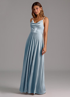 Azazie Sarella Bridesmaid Dresses Dusty Blue A-Line Pleated Velvet Dress image1