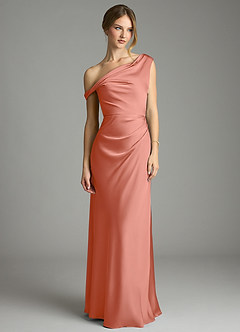 Azazie Emerson Bridesmaid Dresses Salmon Pink Mermaid Off the Shoulder Stretch Satin Dress image4