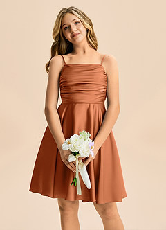 Azazie Miko Junior Linia A Pofałdowany Satyna elastyczna Mini Młodsza druhna Sukienka image6