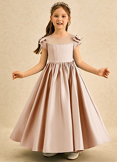 Azazie Toffee Abiti da Ragazza di Fiori Abito Principessa in Raso Opaco Fiocco Rosa Inglese image3
