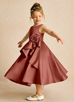 Azazie Hermia Robe Demoiselle D'honneur Fillette Robe Trapèze en Mat Satiné Sans manches Auburn image3