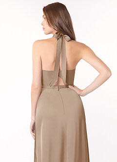 Azazie Delmar Vendita Finale Abito A-Line in Raso Elasticizzato con Scollo Halter e Fiocco Taupe image4