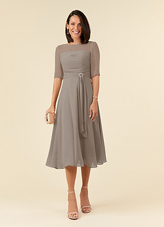 Azazie Naomi Mother of the Bride Dresses Taupe A-Line Boatneck Pleated Chiffon Dress image1