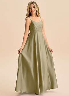 Azazie Rumi Junior Vestido de Musgo Verde de Satén Elástico de Corte en A con Plisado image5