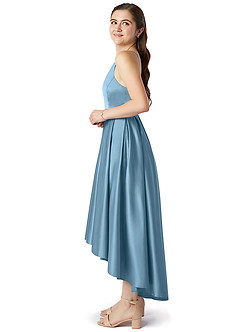 Azazie Jemima Junior Steel Blue A-Line with Pockets Stretch Satin Dress image3